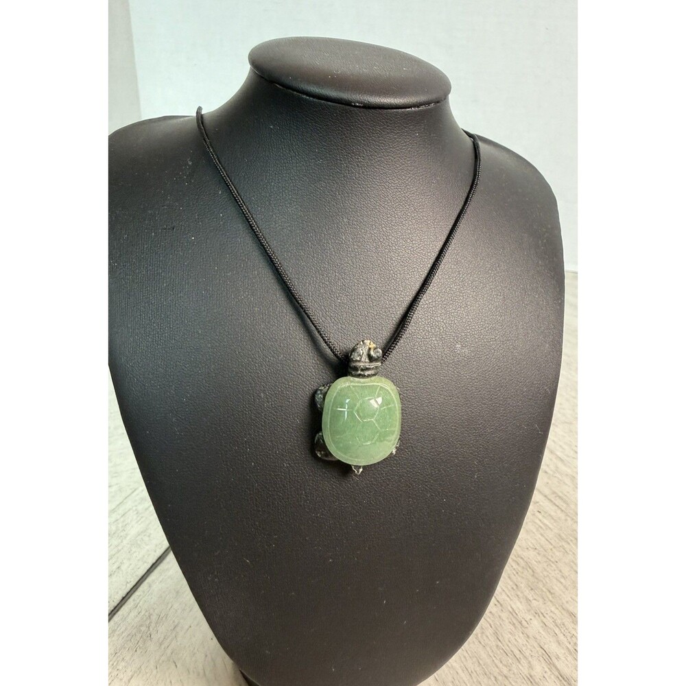 Carved Green Gemstone Sea Turtle Pendant Necklace Black Cord Jade or Aventurine